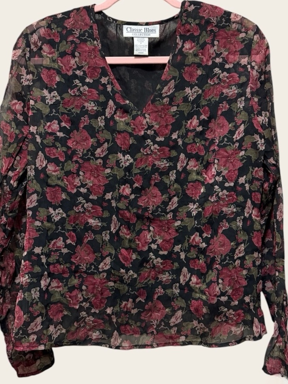 VINTAGE Classic Blues Collection Floral Blouse Women’s M Sheer Black Whimsigoth